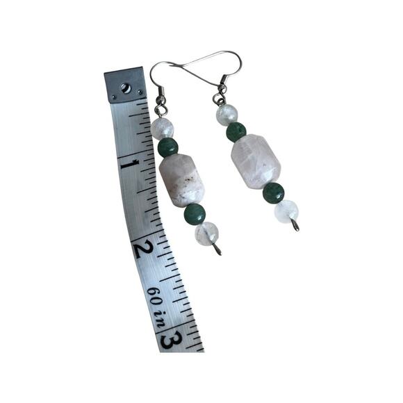 Jadeite and Quartz Hook Earrings, Vintage Drop Earrings - Picture 4 of 5